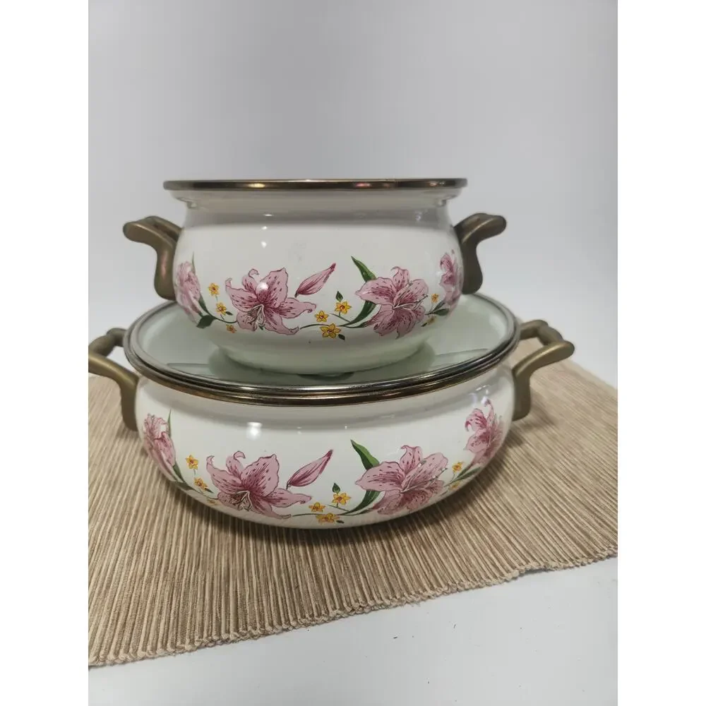 Vintage Normandy Taiwan Pink Lily Enamel Casserole Set w/ Lid Floral Cookware 2